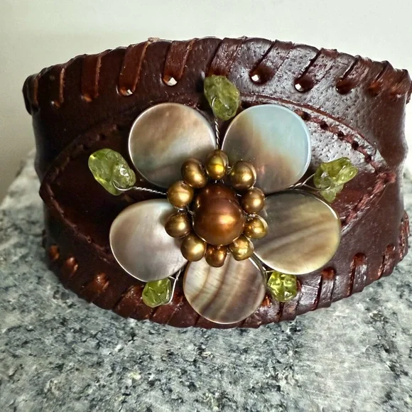 Green and Brown Leather Cuff Bracelet with Floral Centerpiece - Picture 3 of 9